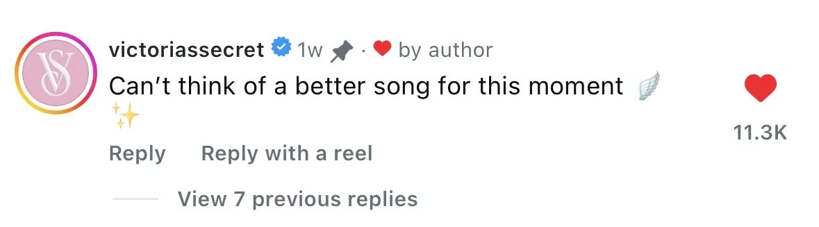 Screenshot of a verified victoriassecret Instagram comment: “Can’t think of a better song for this moment,” with wing and sparkle emojis; 11.3K likes shown.