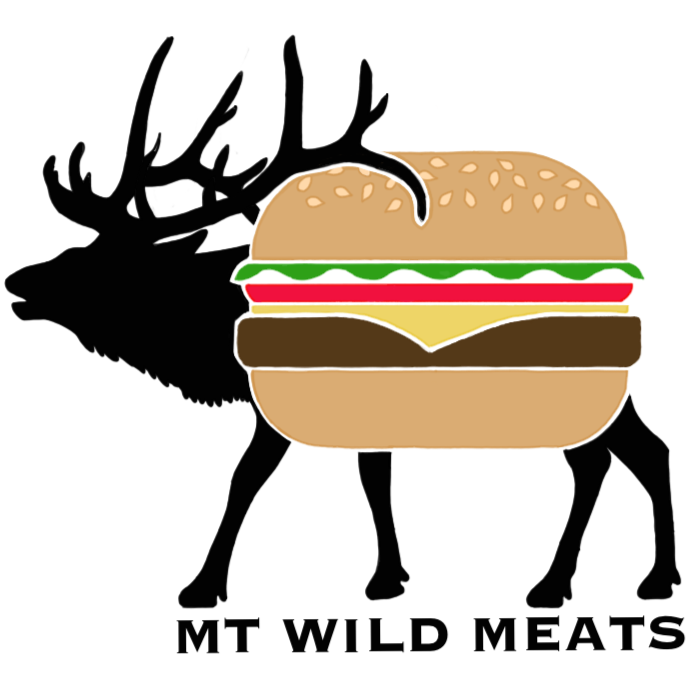 A cartoon elk with a cheeseburger body that pays homage to hunting and harvesting your own food with the words "MT Wild Meats" or Montana Wild Meats below the logo.