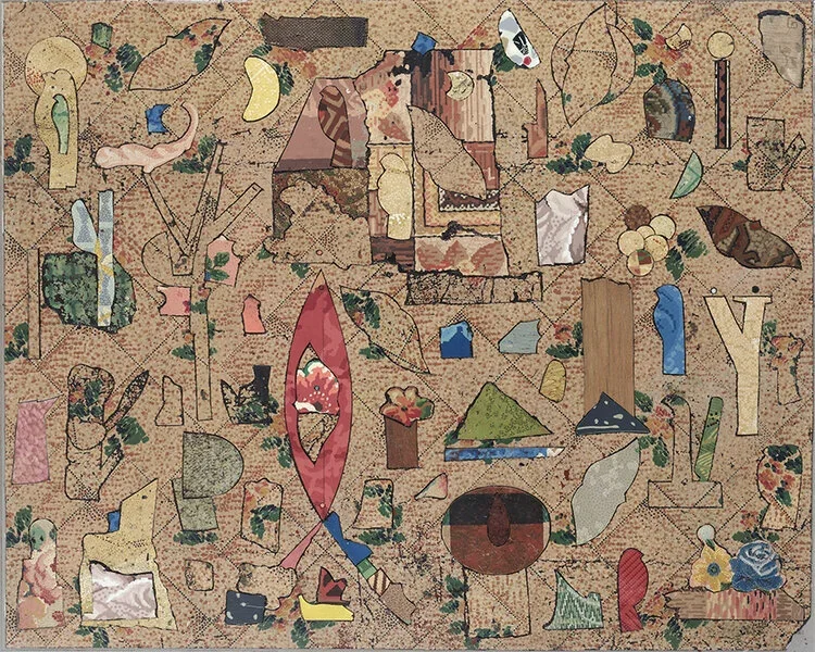 Colorful abstract collage with various shapes, trees, and objects layered over a textured background.