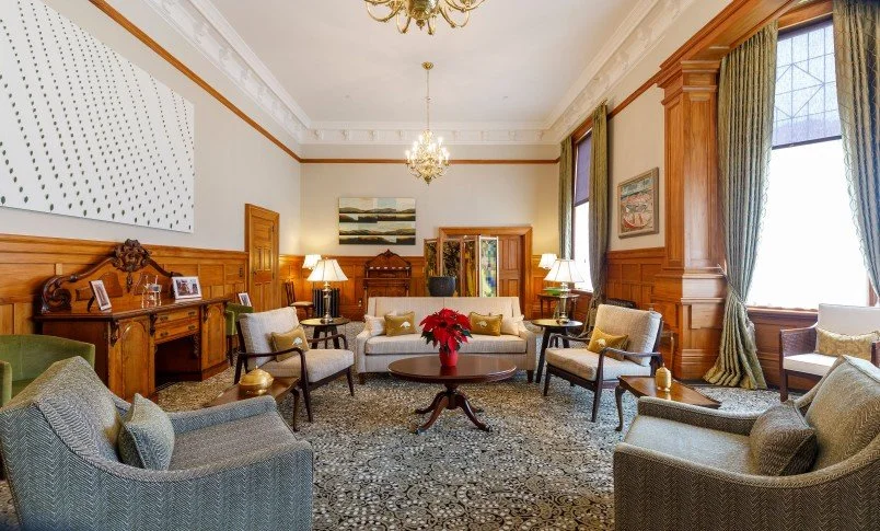 Formal living room in Government House with custom red Axminster carpet