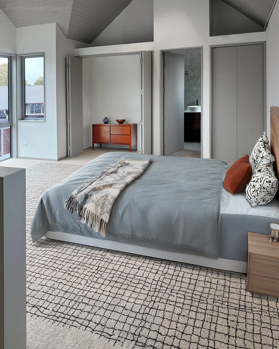 Custom carpet for a Christchurch residence. Featuring 80% wool Axminster and our Glandovey micro-pattern in the Murdoch colourway for the living space and stairwell. In the bedroom, we layered our Grid micro-pattern on top of Glandovey - the result i