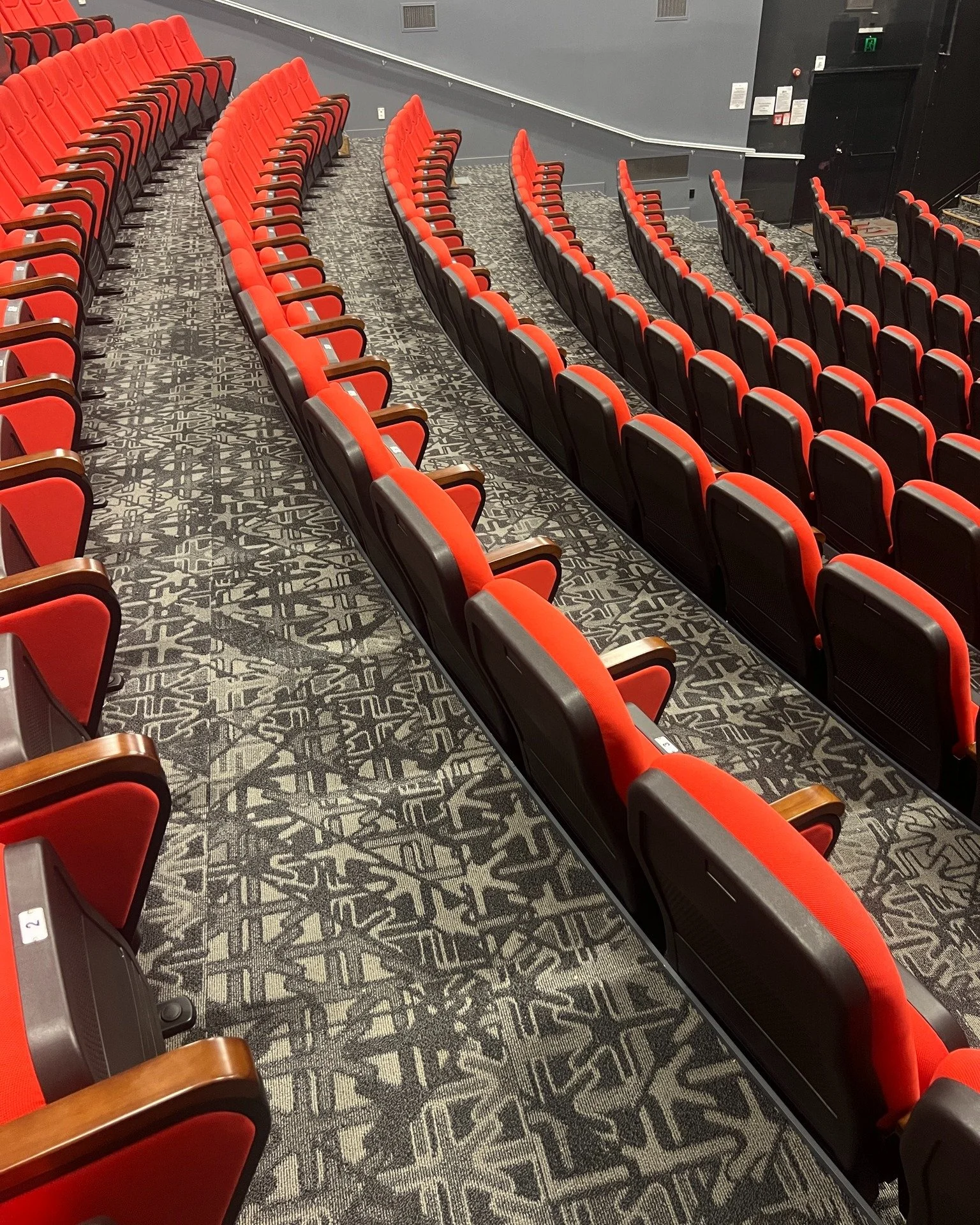 Carpeted lobby, mezzanine &amp; auditorium at the Centrestage Theatre in Orewa, Auckland. For this project, we used carpet tiles that we developed with award-winning New Zealand designer David Trubridge. 

The design used for this project is based on