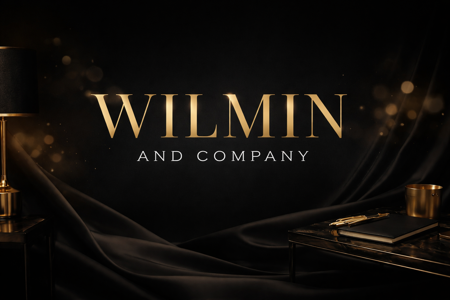 Black background with gold accents and the text 'WILMIN AND COMPANY' in large gold and white letters. Gold lamp, cup, and black notebooks on a glass table.