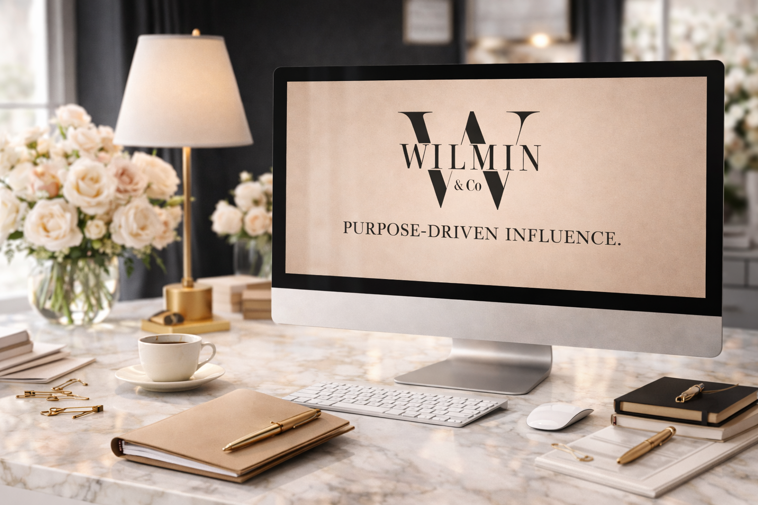 Office desk with a computer displaying 'WILMIN & Co Purpose-Driven Influence,' surrounded by a cup of coffee, notebooks, pens, gold paper clips, a lamp, and flowers in the background.