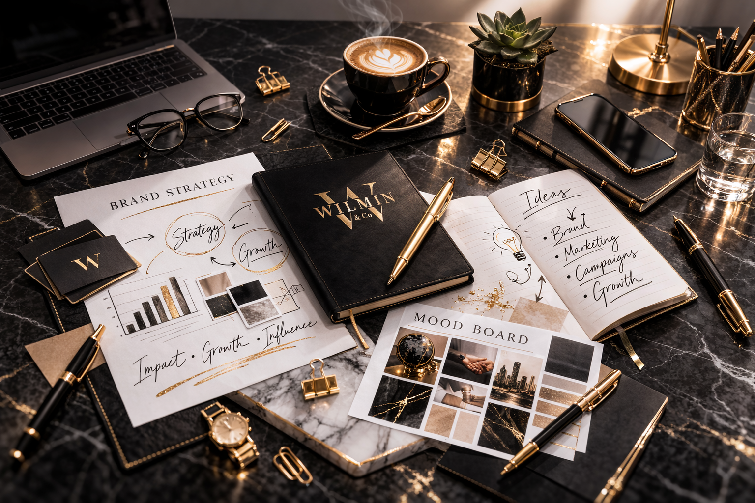 A workspace with business planning materials including a laptop, glasses, a laptop, a notebook labeled 'WLMIN & Co', a coffee cup with latte art, a potted succulent, glasses of water, pens, a mood board, printed charts and notes, and various gold-colored office accessories on a black marble surface
