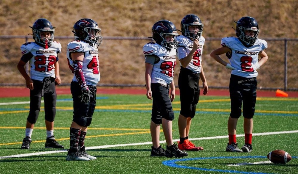 Youth football players in uniform standing on a football field during a game or practice.