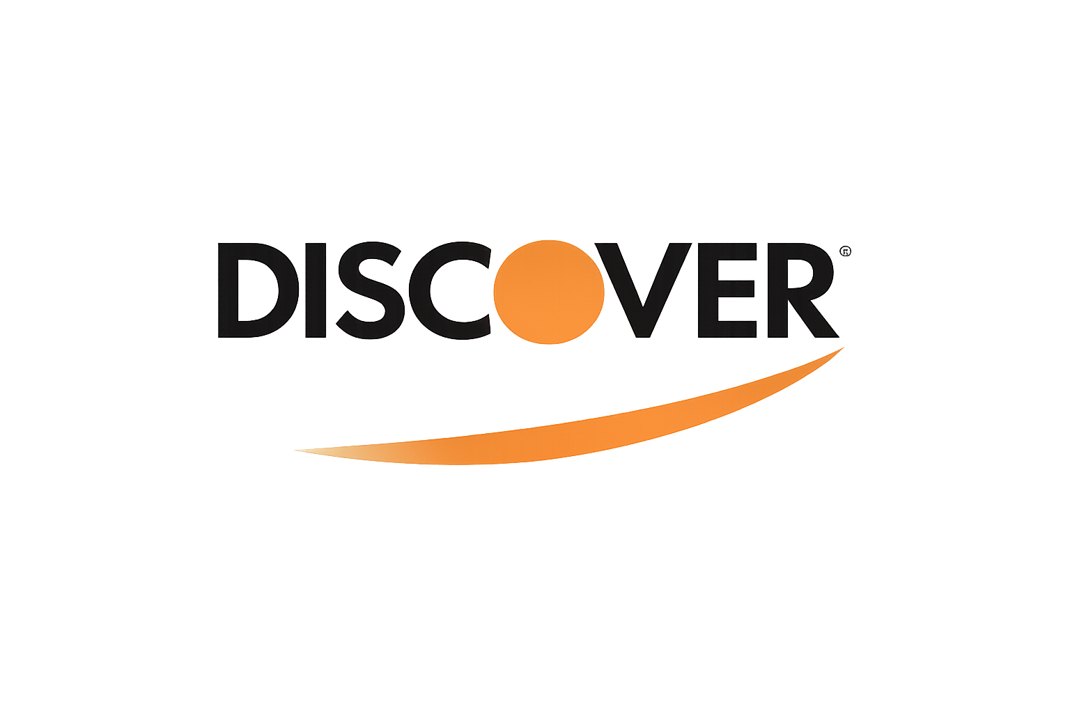 The image displays the word 'Discover' with a stylized orange circle representing the letter 'O', and an orange curved arrow underneath, set against a background with abstract red, blue, and black patterns and digital effects.