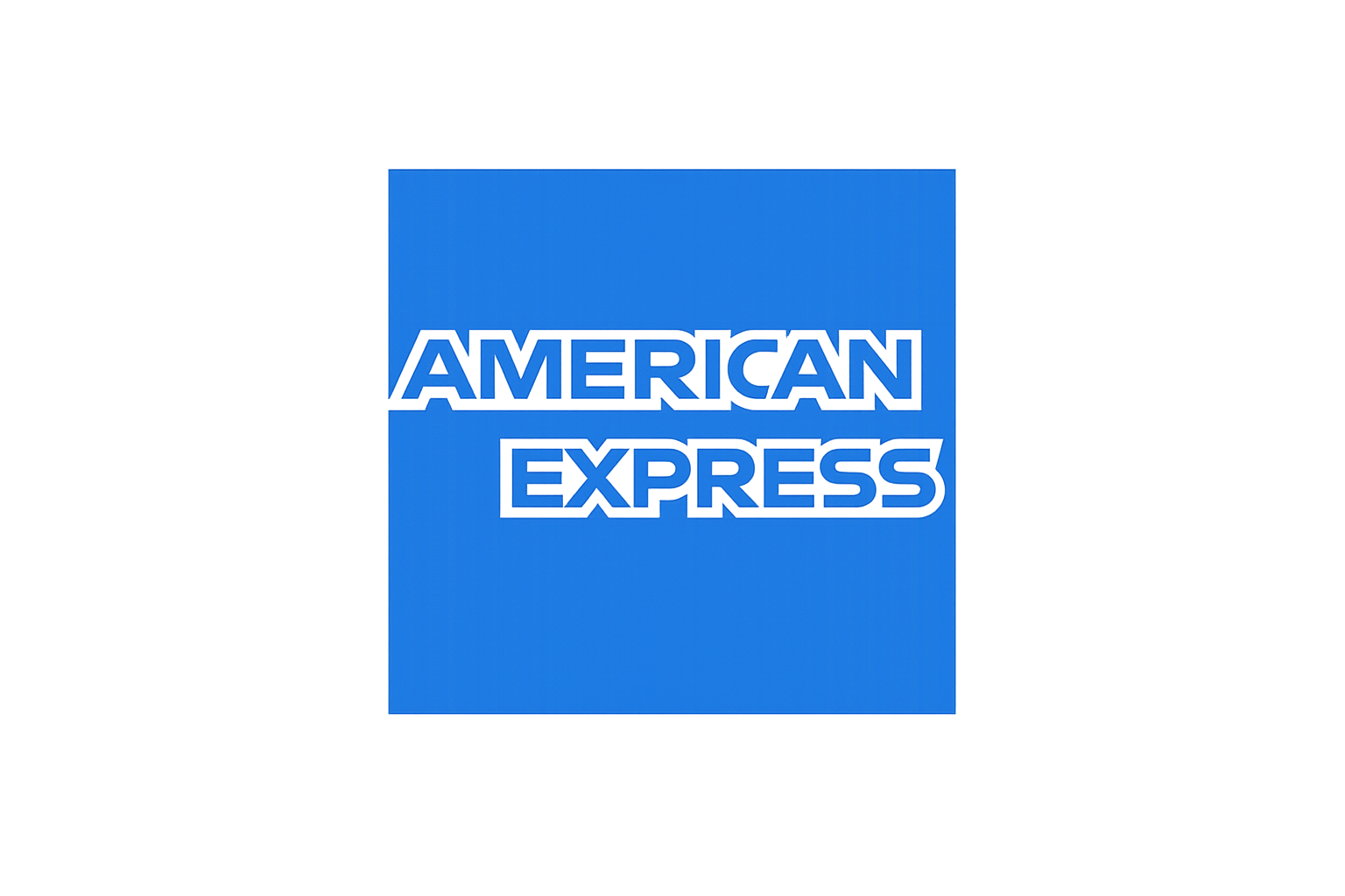 Blue square background with the words "American Express" in black outlined letters in the center.