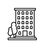 Outline of a tall multi-story building with windows, trees, and a small bench in front.