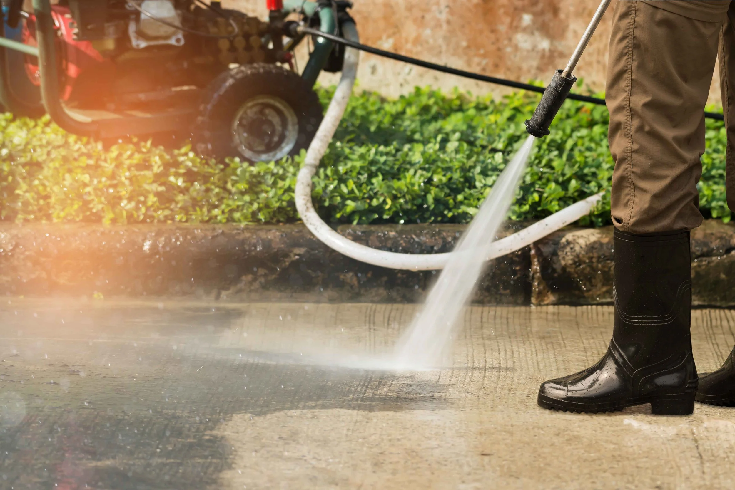 A person wearing brown pants and black rubber boots is using a pressure washer to clean the floor in an outdoor area, with green bushes and a wooden wall in the background.