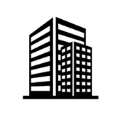 Black and white illustration of a tall office building with multiple floors and windows