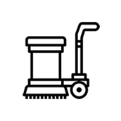 Line drawing of a floor scrubber machine with a handle.