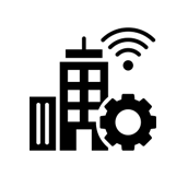 Icon of a city skyline with buildings, a Wi-Fi signal, and a gear, representing smart city or urban technology.
