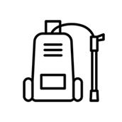 Line drawing of a backpack with a water bottle attached