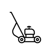 Line drawing of a riding lawn mower with a grass cutting deck.