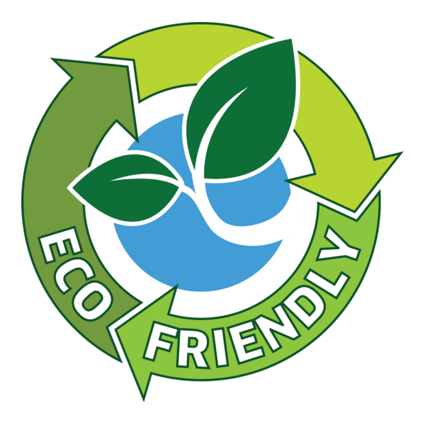 Eco-friendly logo featuring a globe with green leaves and arrows forming a circle around it, with the words "ECO FRIENDLY".