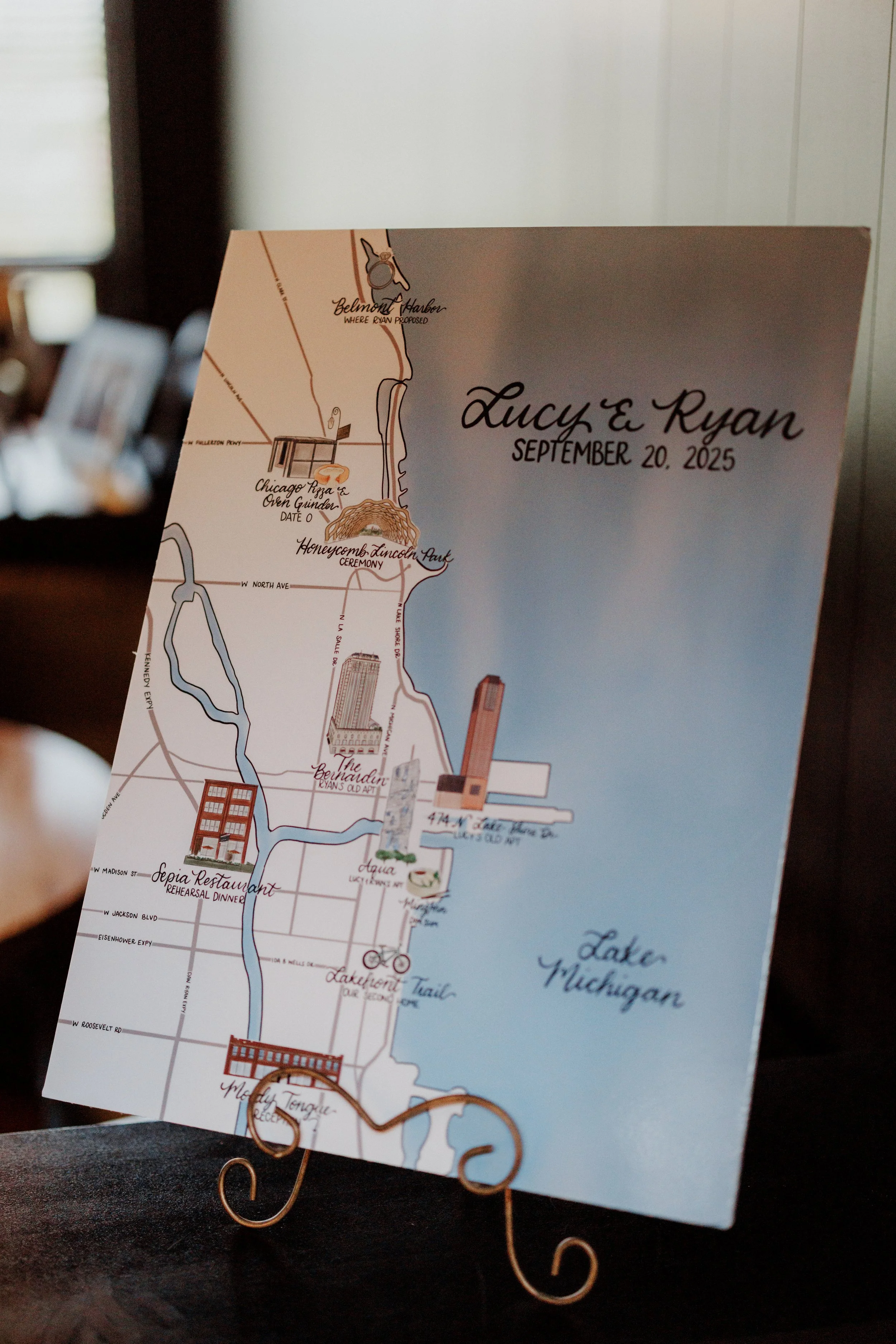 A wedding map featuring landmarks and locations in Chicago, Illinois, for Lucy and Ryan's wedding on September 20, 2025.