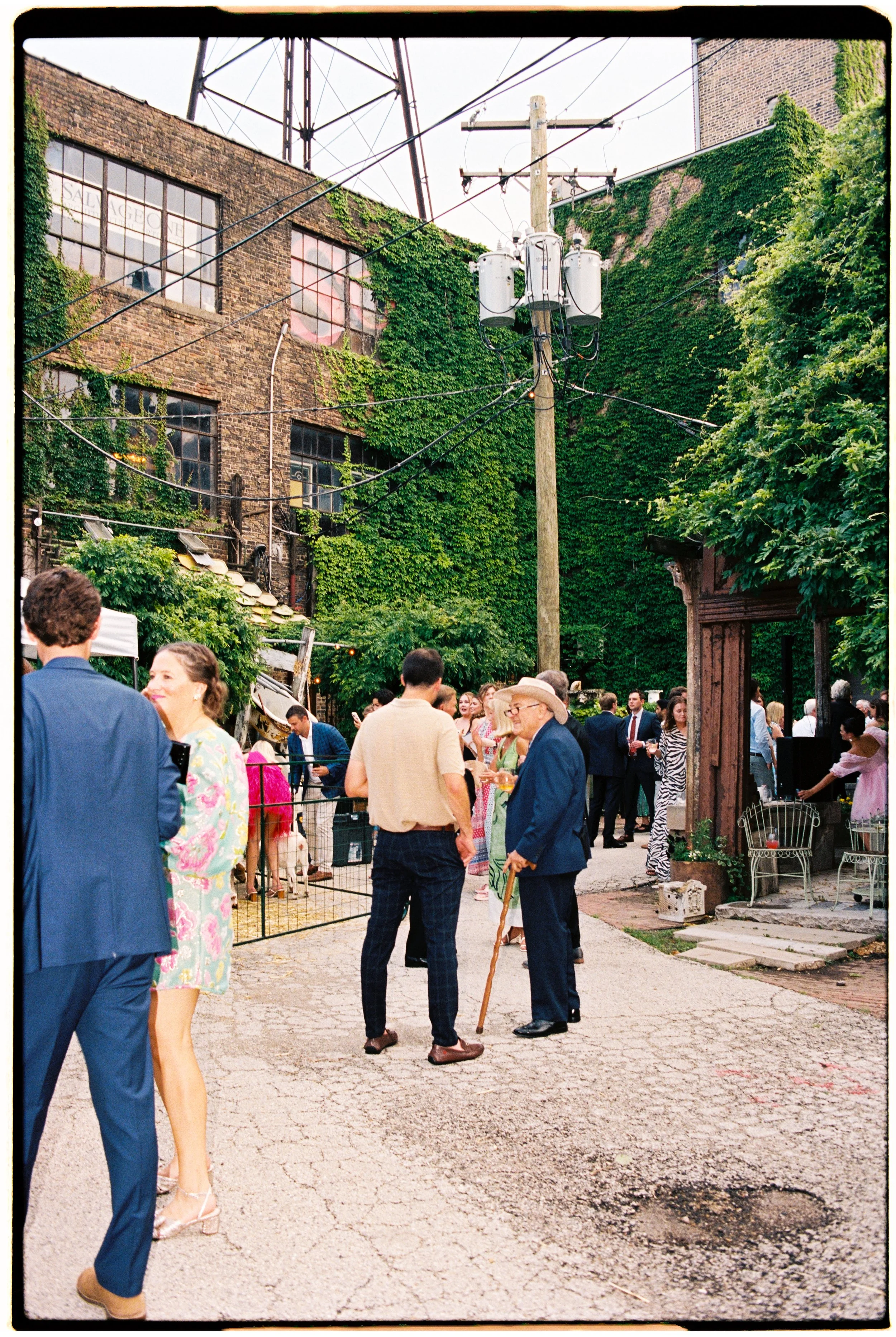 People gathered outdoors in a courtyard with a brick building covered in green ivy in the background. Some individuals are wearing formal attire, including a woman in a floral dress and a man in a suit. Others are dressed more casually, and an elderl