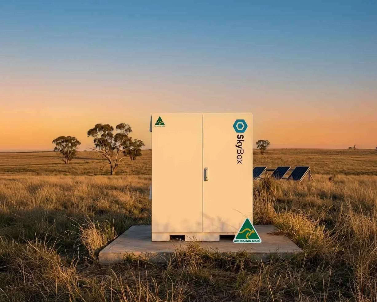 An off-grid SkyBox in a rural landscape with grass, trees, and solar panels at sunset, labeled 'Australian Made'.