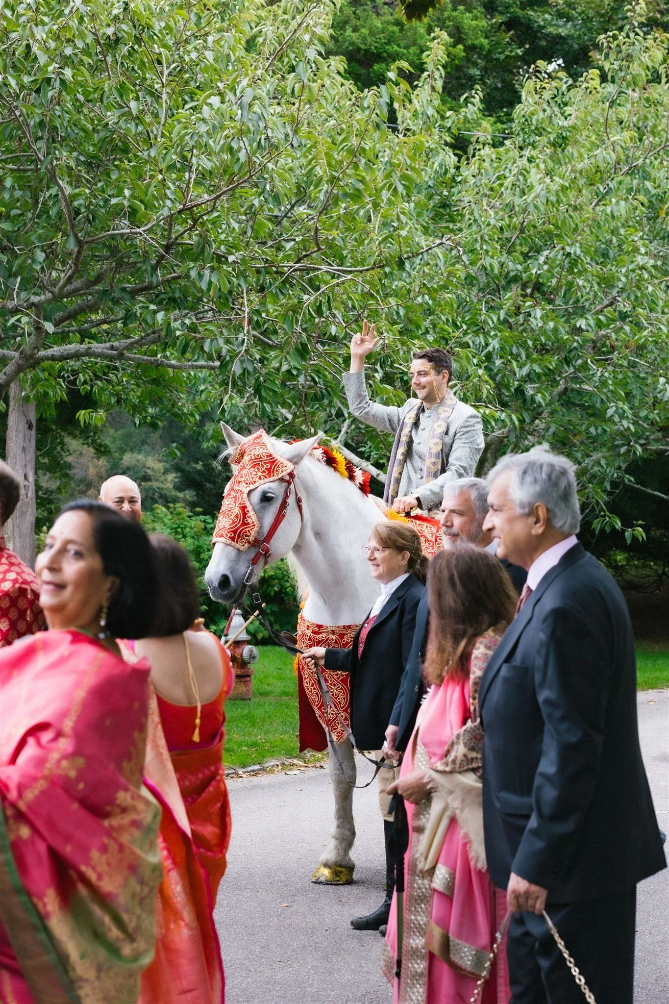 A wedding celebration outdoors with multiple guests, a man riding a decorated white horse, and guests dressed in colorful traditional attire.