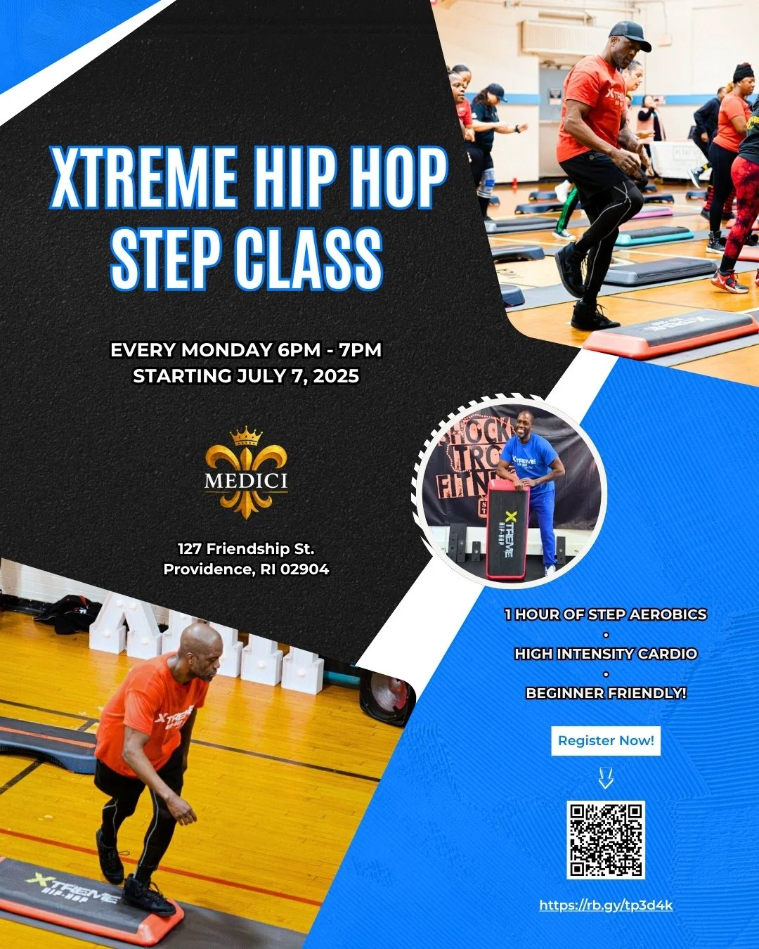 Flyer for Xtreme Hip Hop Step Class featuring images of people exercising on step aerobics equipment in a gym. Details include schedule, location, and registration information.