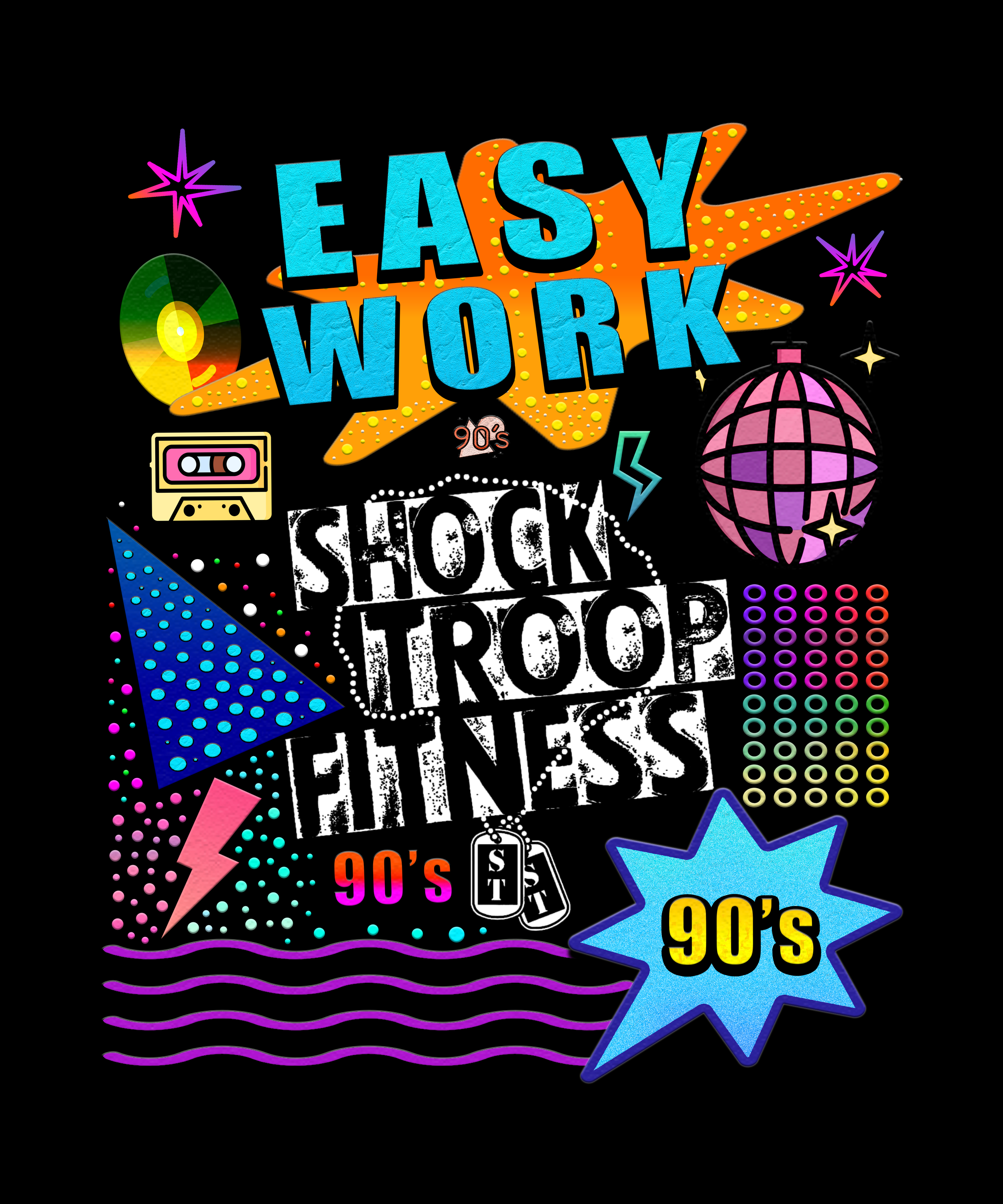 A colorful digital graphic with 1980s and 1990s themes, featuring bold text saying 'EASY WORK' in blue, surrounded by neon stars, a cassette tape, a globe, and patterns like waves, dots, and circle grids in bright colors on a black background.