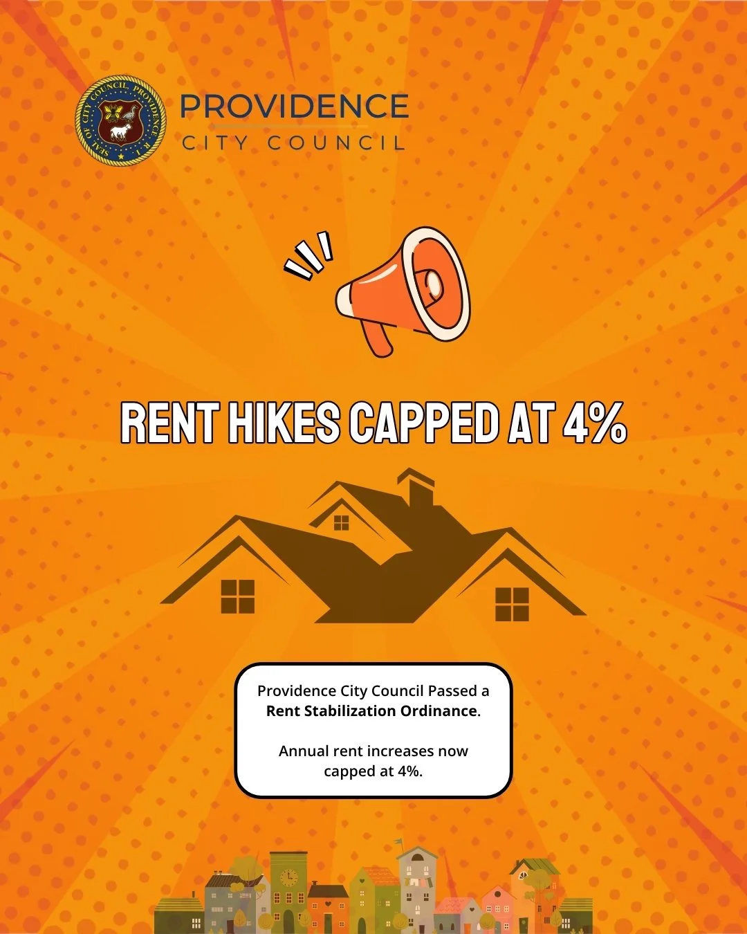 Providence City Council announces that rent hikes are capped at 4%, with a graphic of houses and a megaphone.