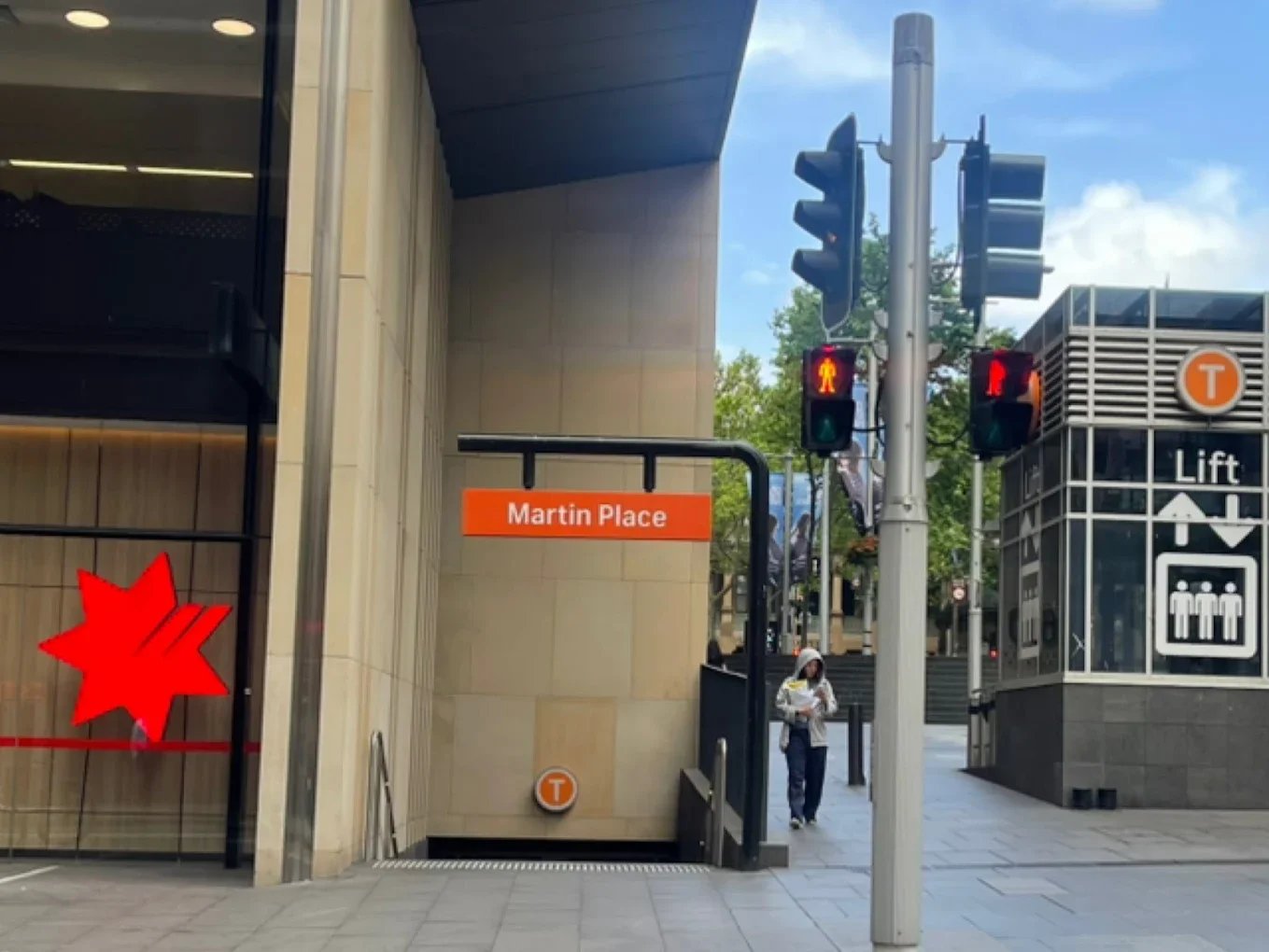 Martin Place train station exit in Sydney CBD, located near Pain Escapes Massage therapeutic massage studio, providing convenient access for clients travelling by train.