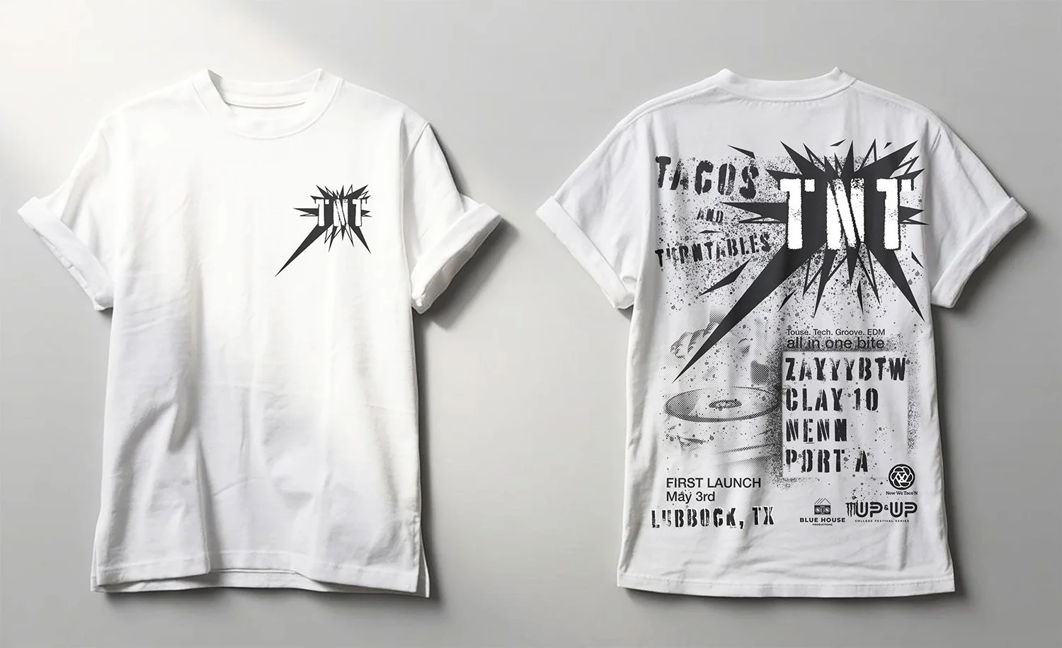 Two white T-shirts with black graphic designs and text, one showing a lightning bolt logo on the front and the other featuring various text and graphics on the back.