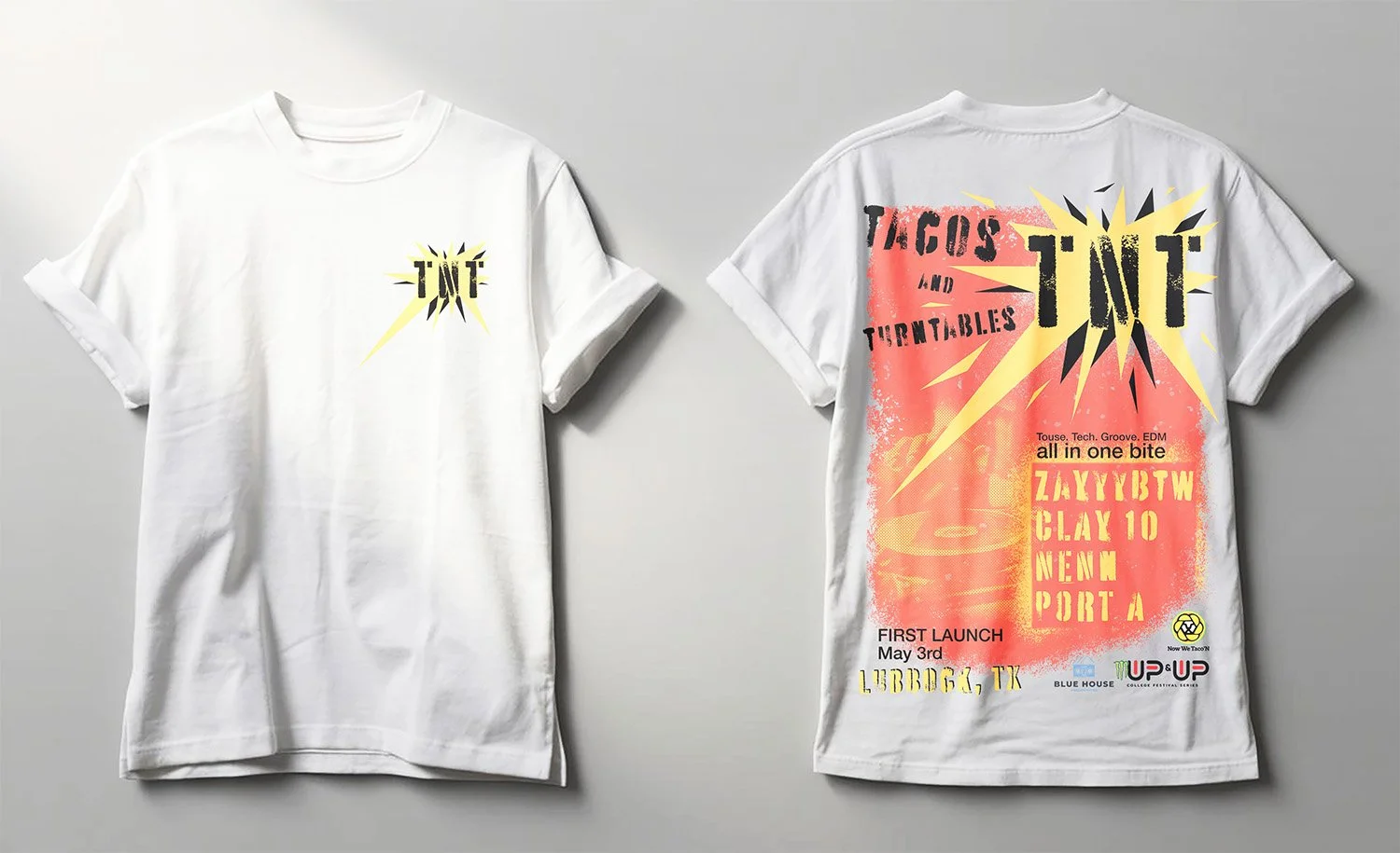 Two white T-shirts with graphic designs; the front shirt features a small design on the upper left chest area, and the back shirt displays a large colorful graphic with text and logos.