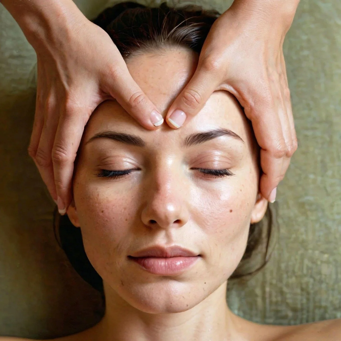 A woman is receiving Craniosacral Therapy with her eyes closed, lying down on a surface, with hands gently pressing her forehead.