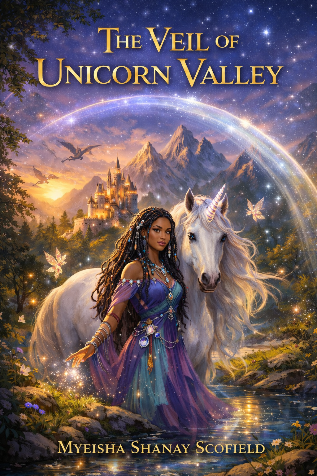 A fantasy scene showing a woman with long braided hair and wearing a purple dress, standing beside a white unicorn with a rainbow-colored horn. In the background, there is a castle on a mountain, a rainbow in the sky, stars, and mountains.|