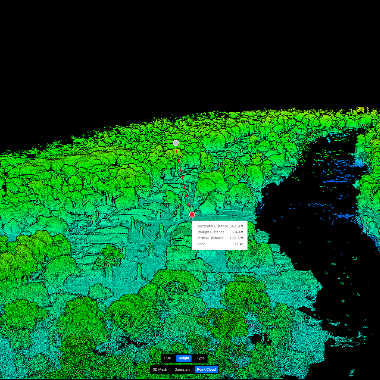 Point Cloud model of a riverside neighborhood with elevation data and annotations