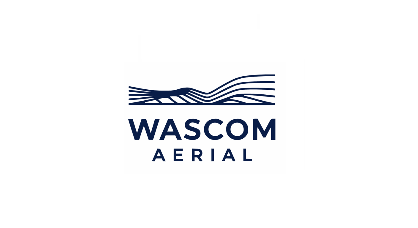 WASCOM Aerial logo with stylized blue lines resembling a landscape above the text.