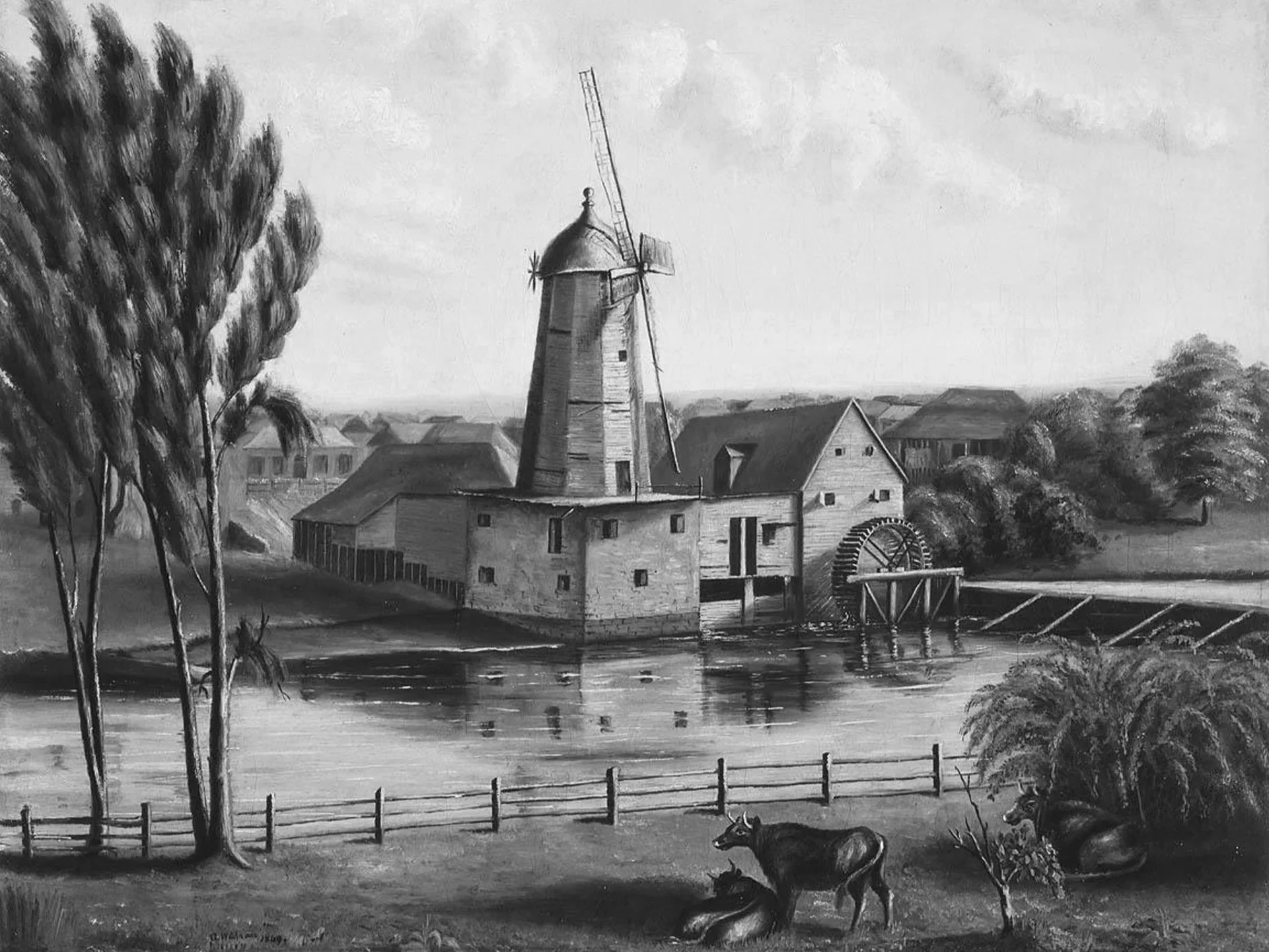 A black and white landscape painting of a watermill by a river, with trees, buildings, and a cow grazing in the foreground.