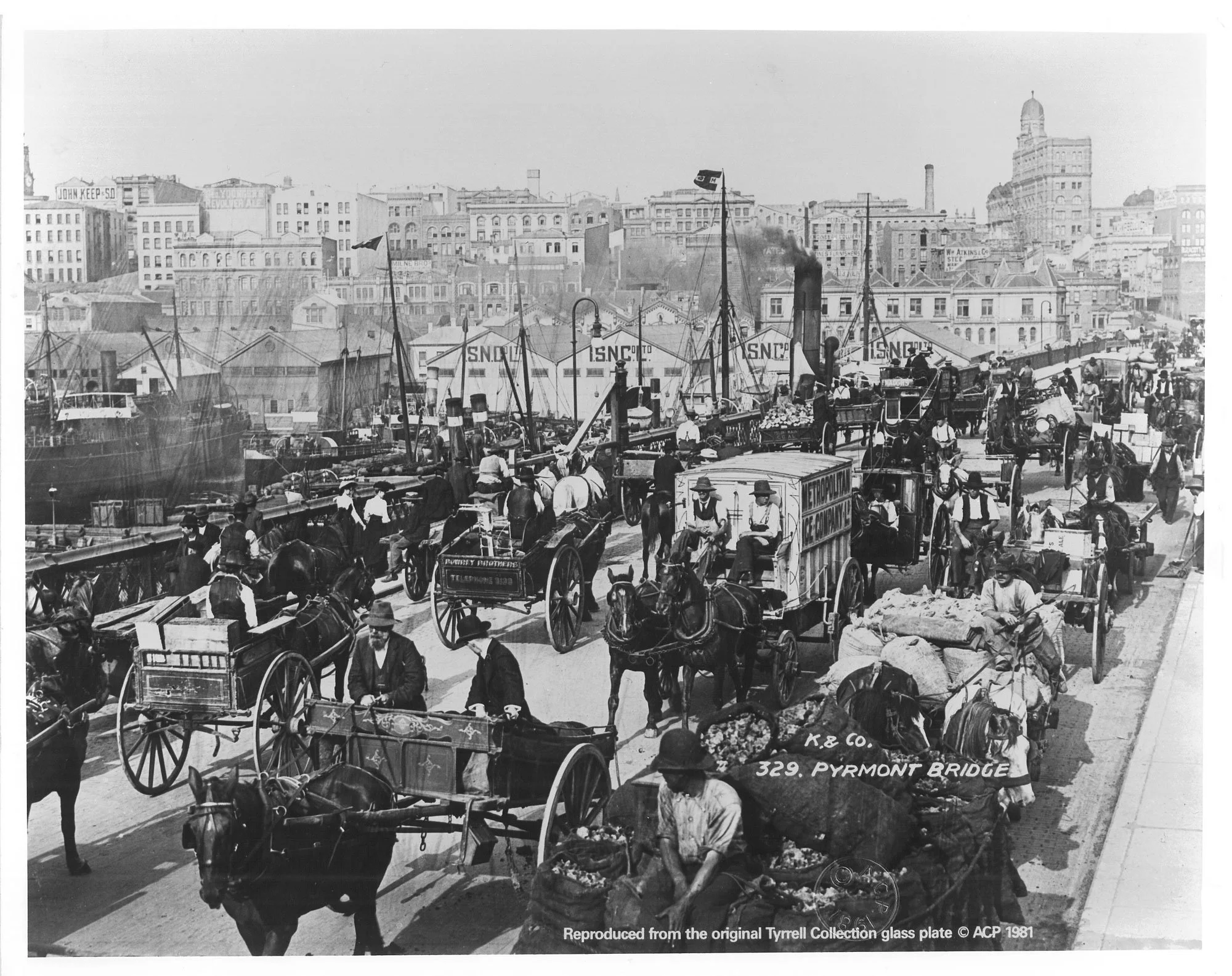 Historical black and white photograph of busy Sydney during the early 20th century with horse-drawn carriages, wagons loaded with goods, vendors, and pedestrians, with buildings and a cityscape in the background.