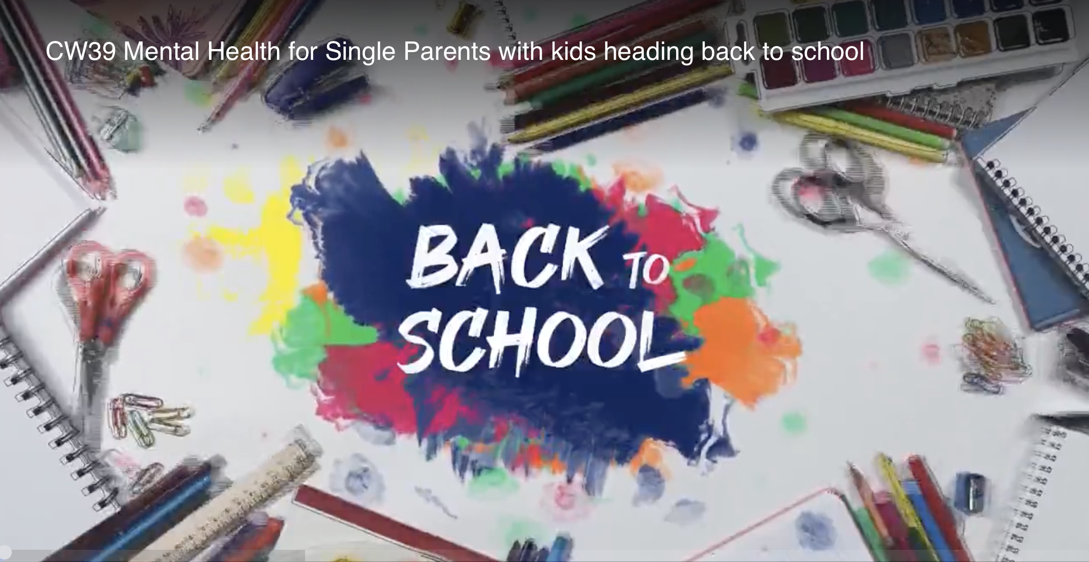 Back to school themed background with colorful paint splashes and school supplies such as scissors, notebooks, pencils, and clips arranged around the edges. In the center, the words 'BACK TO SCHOOL' are written in white over a dark blue paint splash.