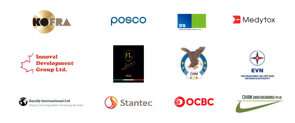 A collection of various company logos arranged in three rows and four columns, including logos for KOFLA, Posco, Medytox, Innoval Development Group, FL, CHM, EVN, Barsily International, Stantec, OCBC, and Charm Green Engineering.