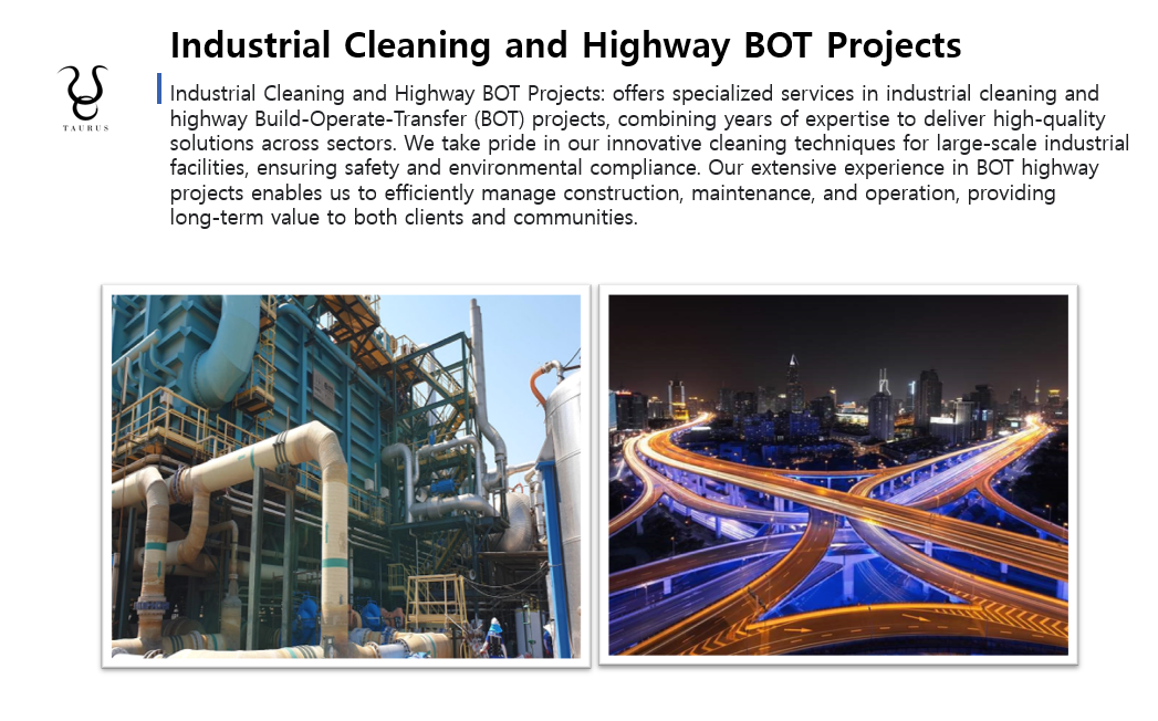 Industrial plant machinery on the left, and a nighttime cityscape with illuminated highway overpasses on the right.