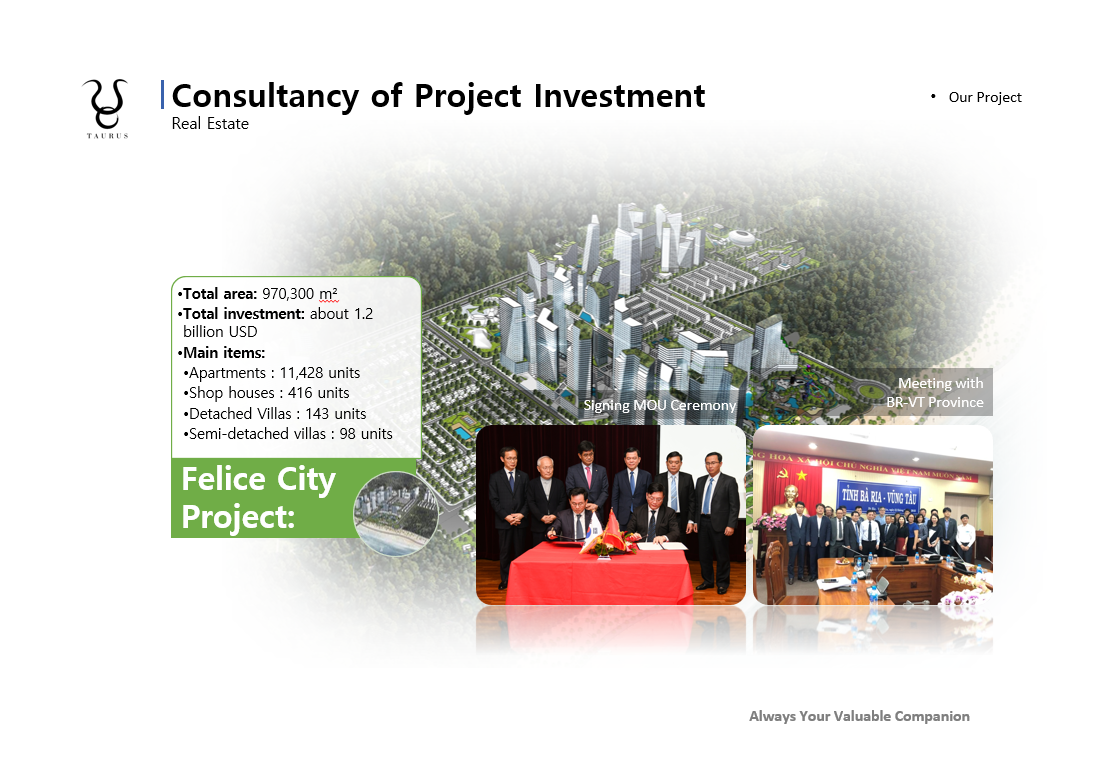 PowerPoint slide about a real estate project titled 'Felice City Project'. The slide features a 3D rendering of a cityscape, a section with project details, and two photos of signing ceremonies with groups of men in formal attire.