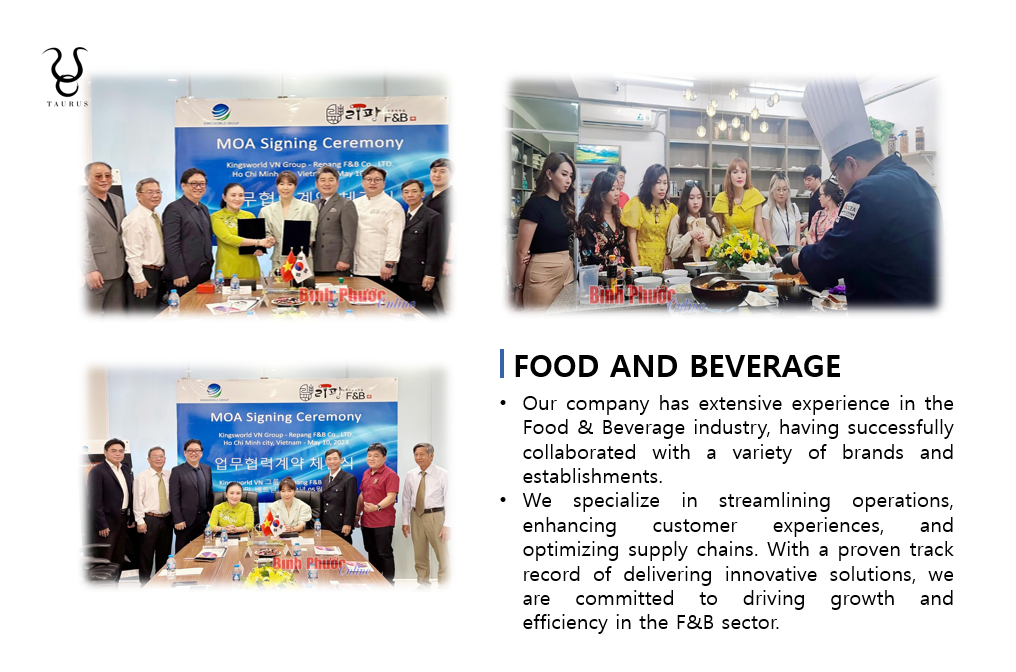 Three photos of business signing events and a section of text describing a company's experience in the food and beverage industry.