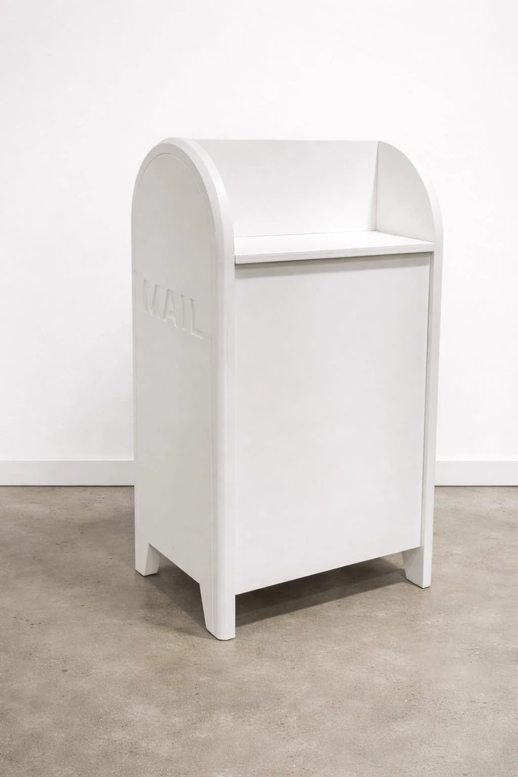 White collapsible wedding wishing well mailbox styled like a post box—used for collecting cards and messages at weddings and events. Customisable panel, flat-pack design, available for hire in Melbourne.