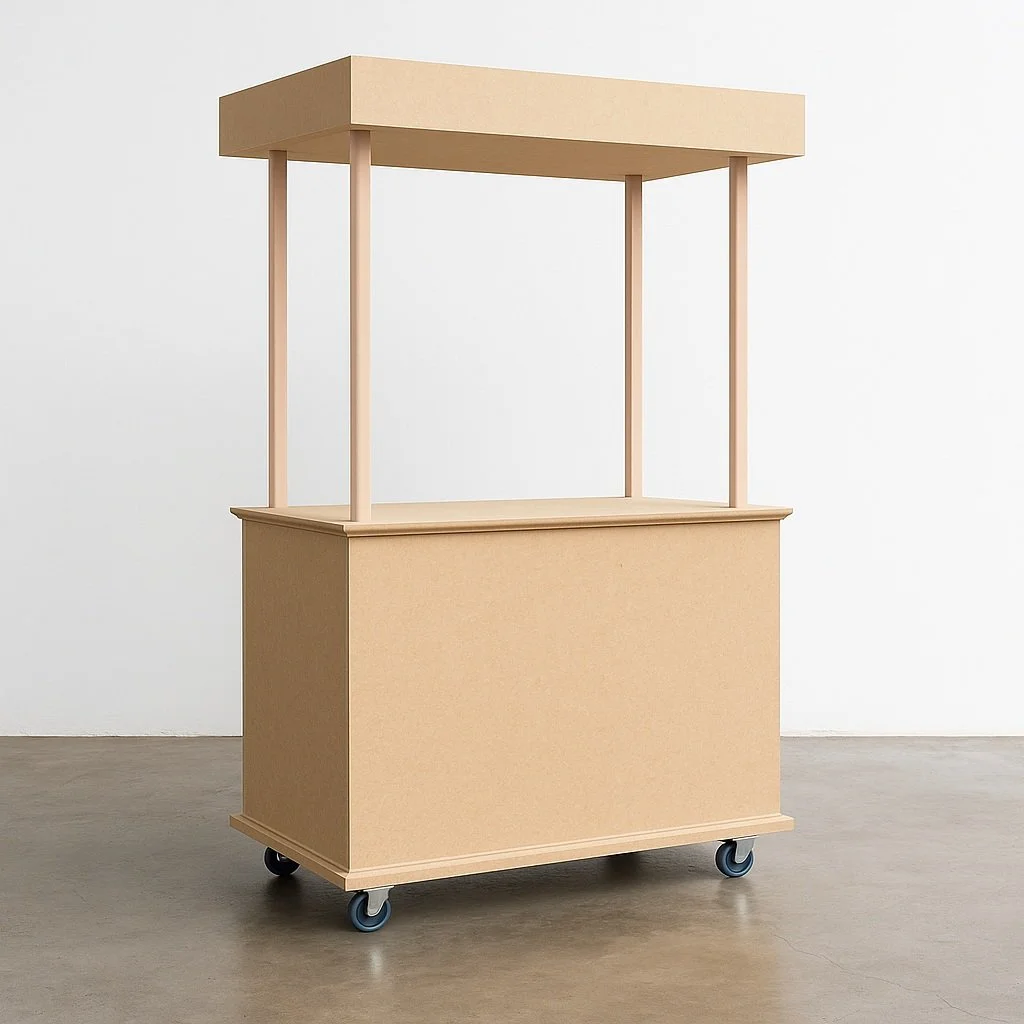 Click-together flat-pack canopy cart designed for events, markets, and retail pop-ups. Features a smooth, tool-free assembly, ribbed detailing, and minimalist silhouette. Packs flat and fits in most car boots. Ideal for weddings, market stalls, produ