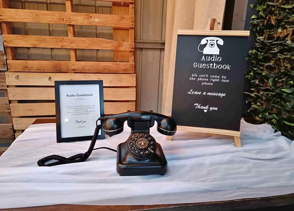 Black rotary audio guestbook phone hire in Melbourne—guests pick up the handset, leave a voice message, and hang up. Perfect for weddings, birthdays, and styled events. Vintage design, easy to use, and memory-making magic.