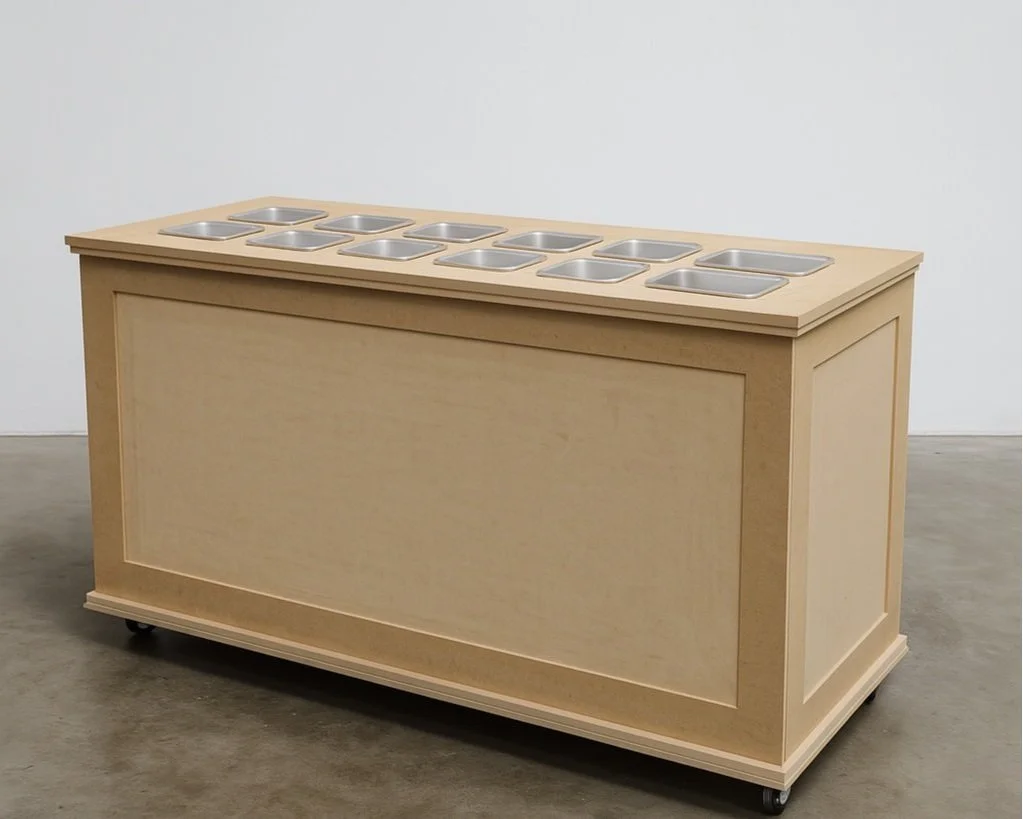 Premium click-together charcuterie cart with cut-outs for cheeses and olives; flat-pack, food-safe timber design for stylish grazing at weddings, parties, and events.