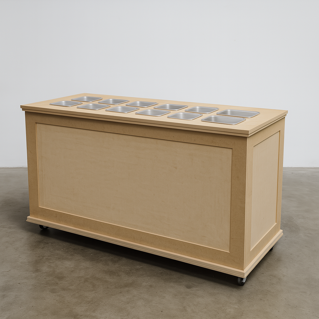 Premium click-together charcuterie cart with cut-outs for cheeses and olives; flat-pack, food-safe timber design for stylish grazing at weddings, parties, and events.