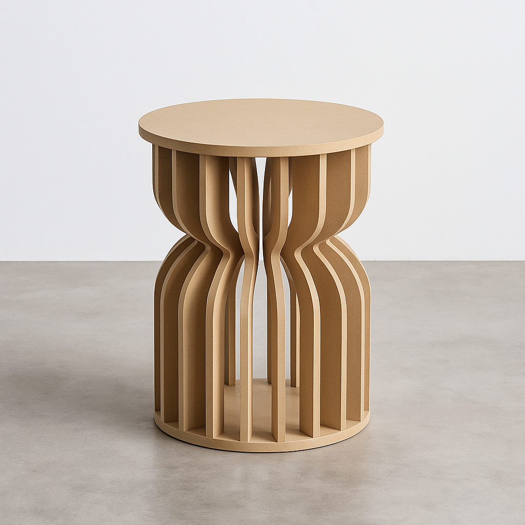 A modern Hourglass plinth with an intricate, wavy slat design, placed on a concrete floor against a plain white wall. These hourglass plinths are perfect for market stalls, parties, birthdays and event brand activations.