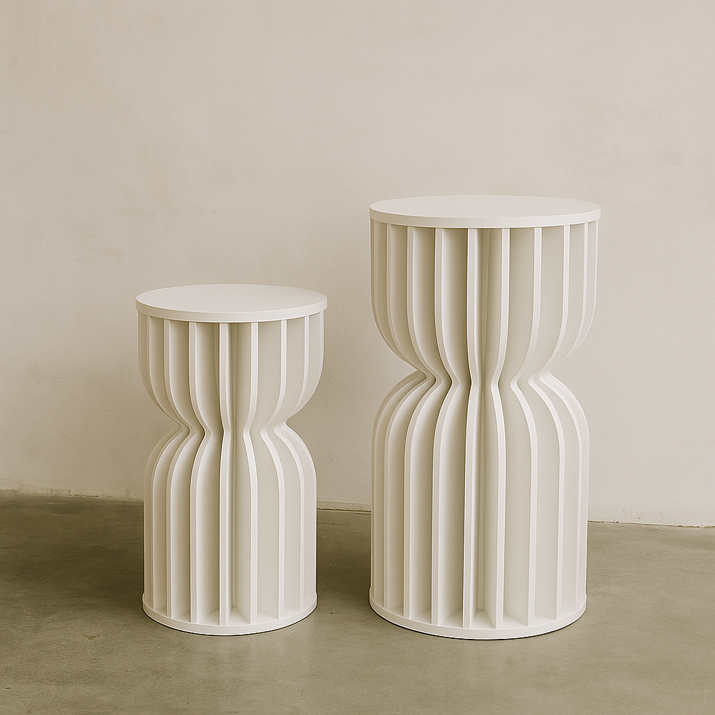 Hire or buy a hourglass event plinth. Collapsible and tool-free. Perfect for weddings, shoots, and events. Available in Melbourne.