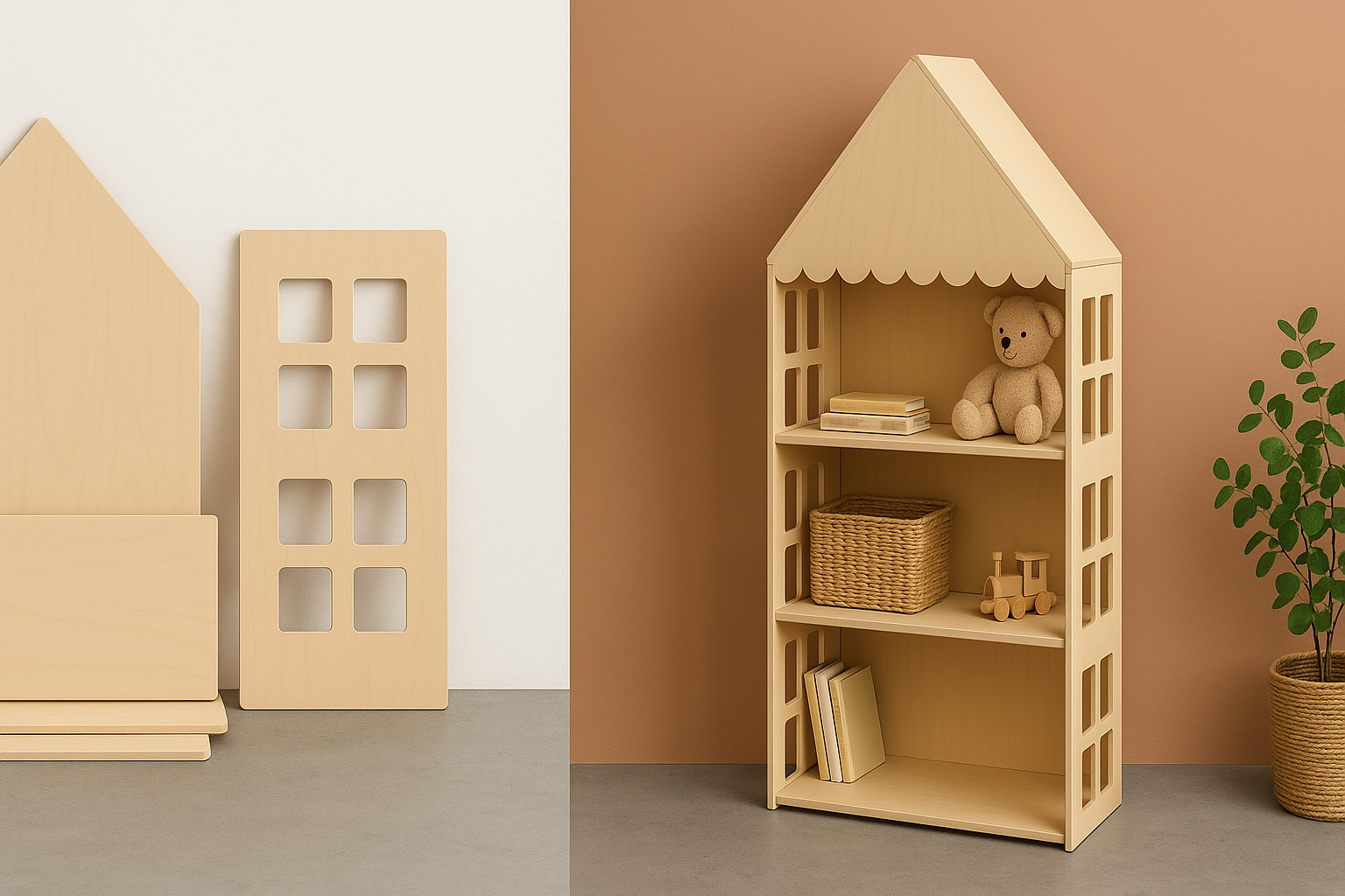 Freestanding dollhouse display shelf made from raw birch plywood with window cut-outs and scalloped trim. Features 3 shelves and pitched roof design. Ideal for events, kids’ rooms, or markets.