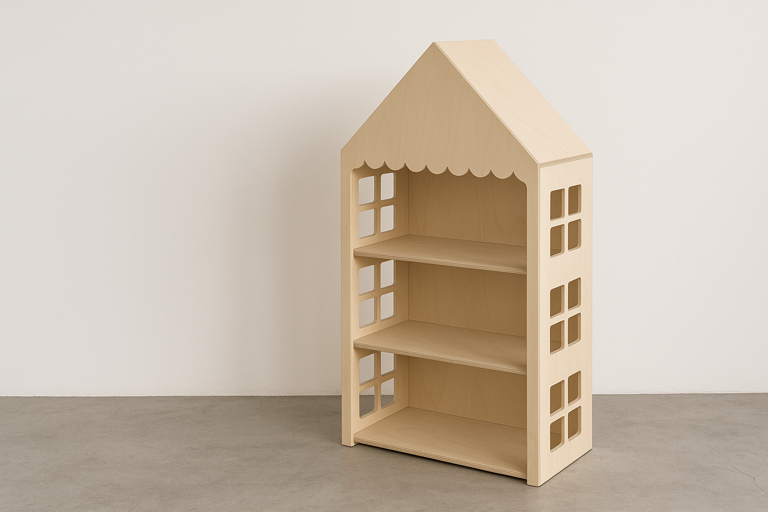 Freestanding dollhouse display shelf made from raw birch plywood with window cut-outs and scalloped trim. Features 3 shelves and pitched roof design. Ideal for events, kids’ rooms, or markets.
